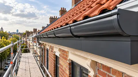 Bandeau de corniche anthracite et gouttière neufs posés depuis un échafaudage sur une maison en briques