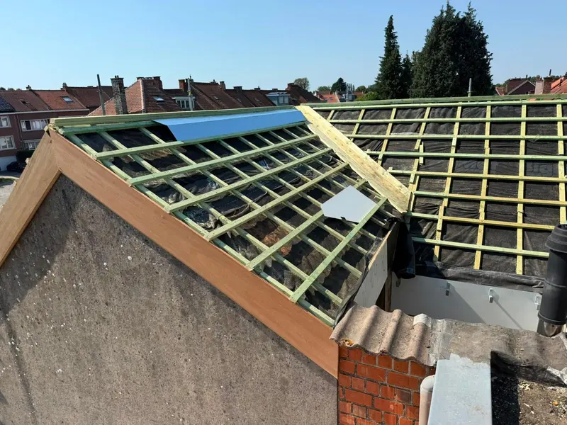 Charpente mise à nu d’une ancienne maison avec lattage neuf en bois clair, pignon en briques, vue du drone
