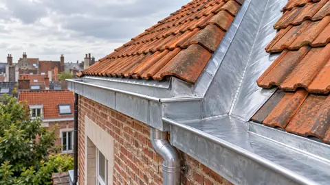Noue et chéneau en zinc neufs entre deux versants d’une toiture en tuiles