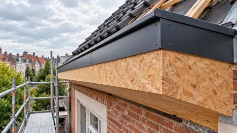 Corniche en cours de rénovation : panneaux OSB et bandeau métallique noir sur une façade en briques