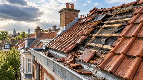 Toiture en tuiles après une tempête : tuiles arrachées sur un versant et faîtage déplacé, ciel qui se dégage
