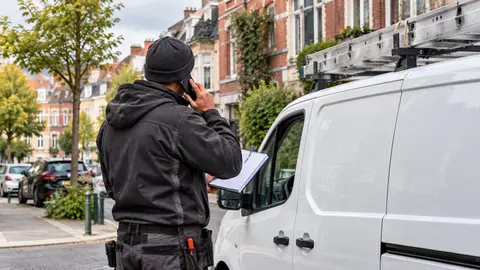 Couvreur au téléphone devant sa camionnette, carnet à la main, prenant un rendez-vous de visite