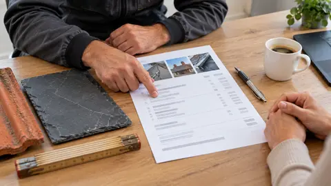 Devis de toiture détaillé poste par poste posé sur une table, avec un échantillon d’ardoise et un mètre