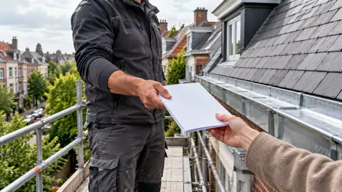 Toiture rénovée vue depuis l’échafaudage, couvreur remettant un document de garantie à la réception du chantier