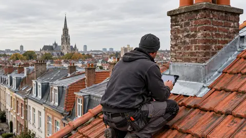 Couvreur inspectant une toiture en tuiles et notant ses observations