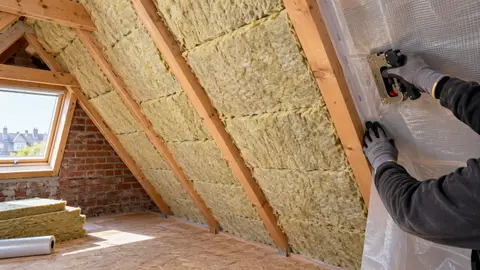Isolation des combles par l’intérieur : laine minérale posée entre les chevrons