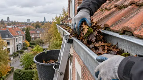 Nettoyage d’une gouttière en zinc remplie de feuilles mortes