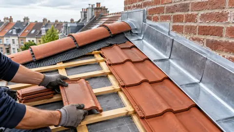 Pose de tuiles sur lattes et sous-toiture avec raccord de faîtage et solin en zinc contre un mur