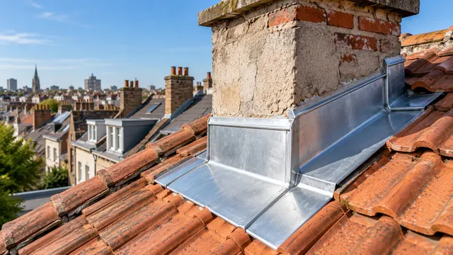 Réparation de souche de cheminée : nouveaux solins en zinc posés sur une toiture en tuiles