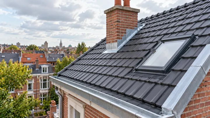 Toiture rénovée en tuiles anthracite avec cheminée en briques, fenêtre de toit et rive en zinc
